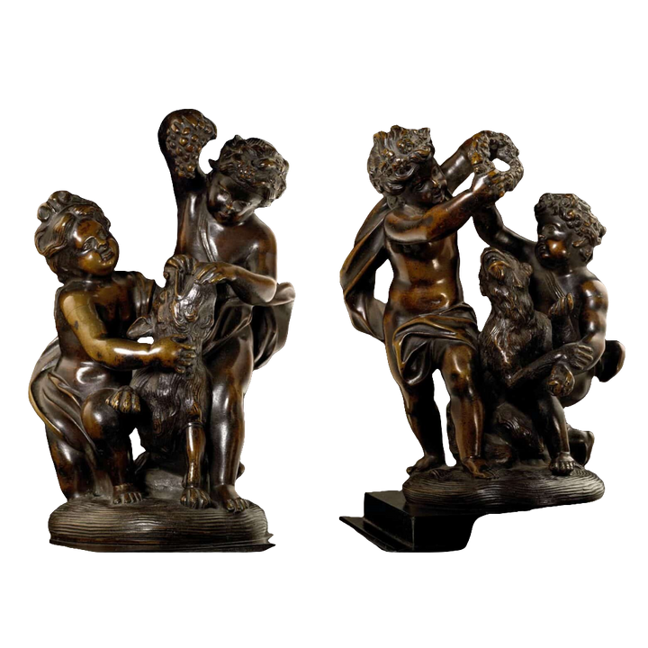 Pair of bronze cherub groups playing with a monkey and dog, holding garlands and feeding grapes, circa 1700.