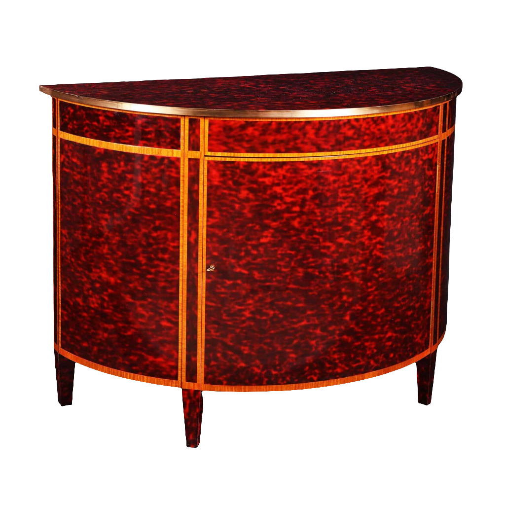 A Demi Lune tortoiseshell cabinet by Mallett with simulated red tortoiseshell and mahogany cross-banding.