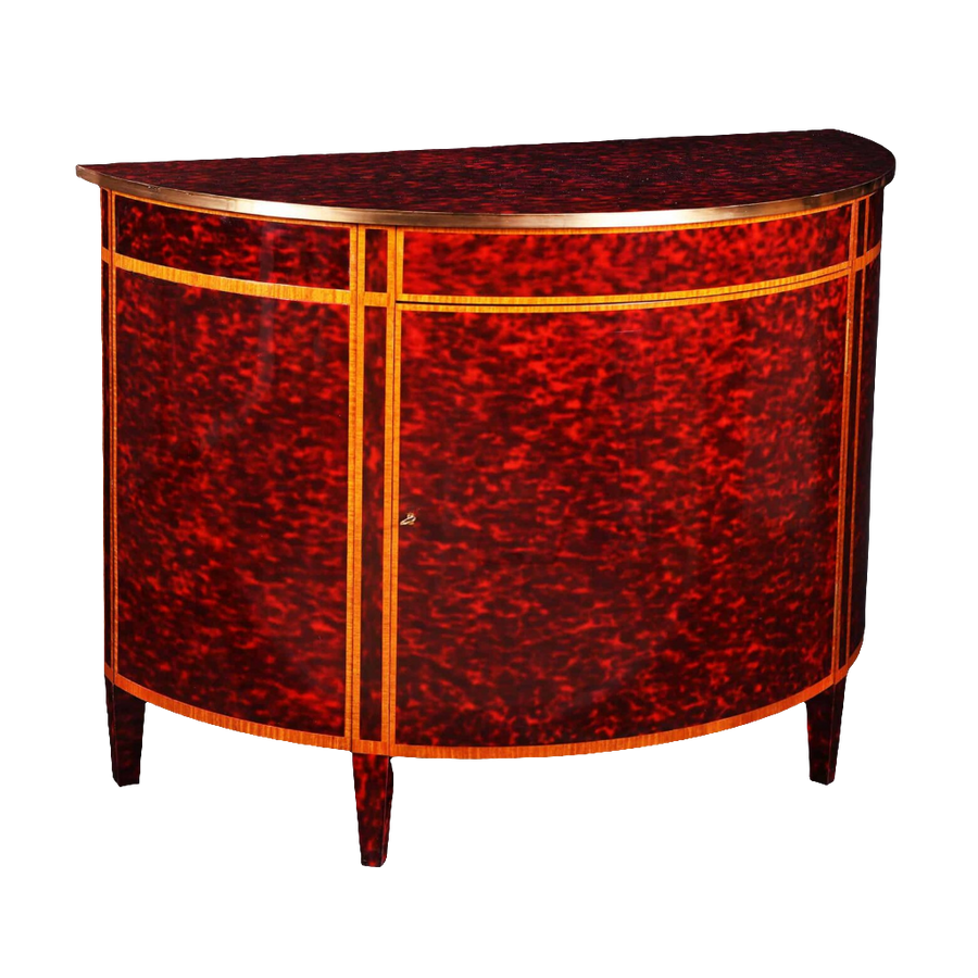 A Demi Lune tortoiseshell cabinet by Mallett with simulated red tortoiseshell and mahogany cross-banding.
