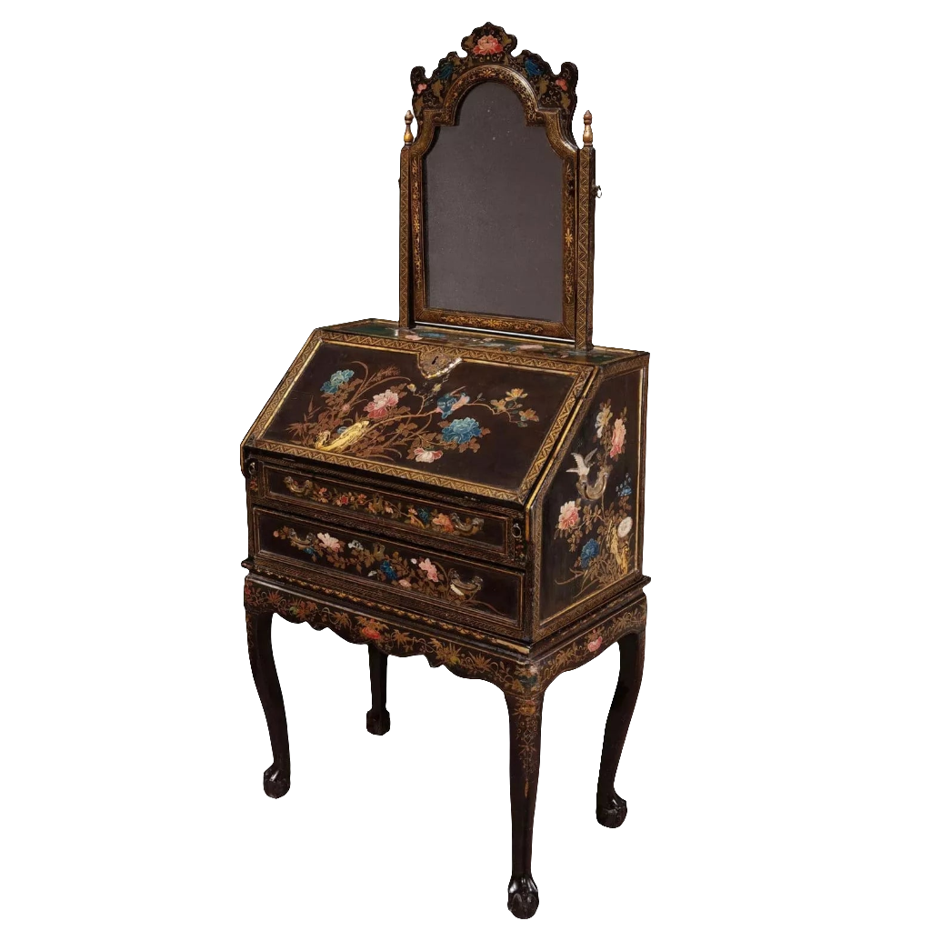 Chinese Export Lacquer Bureau-On-Stand and Toilet Glass with polychrome floral design, Canton, circa 1730.