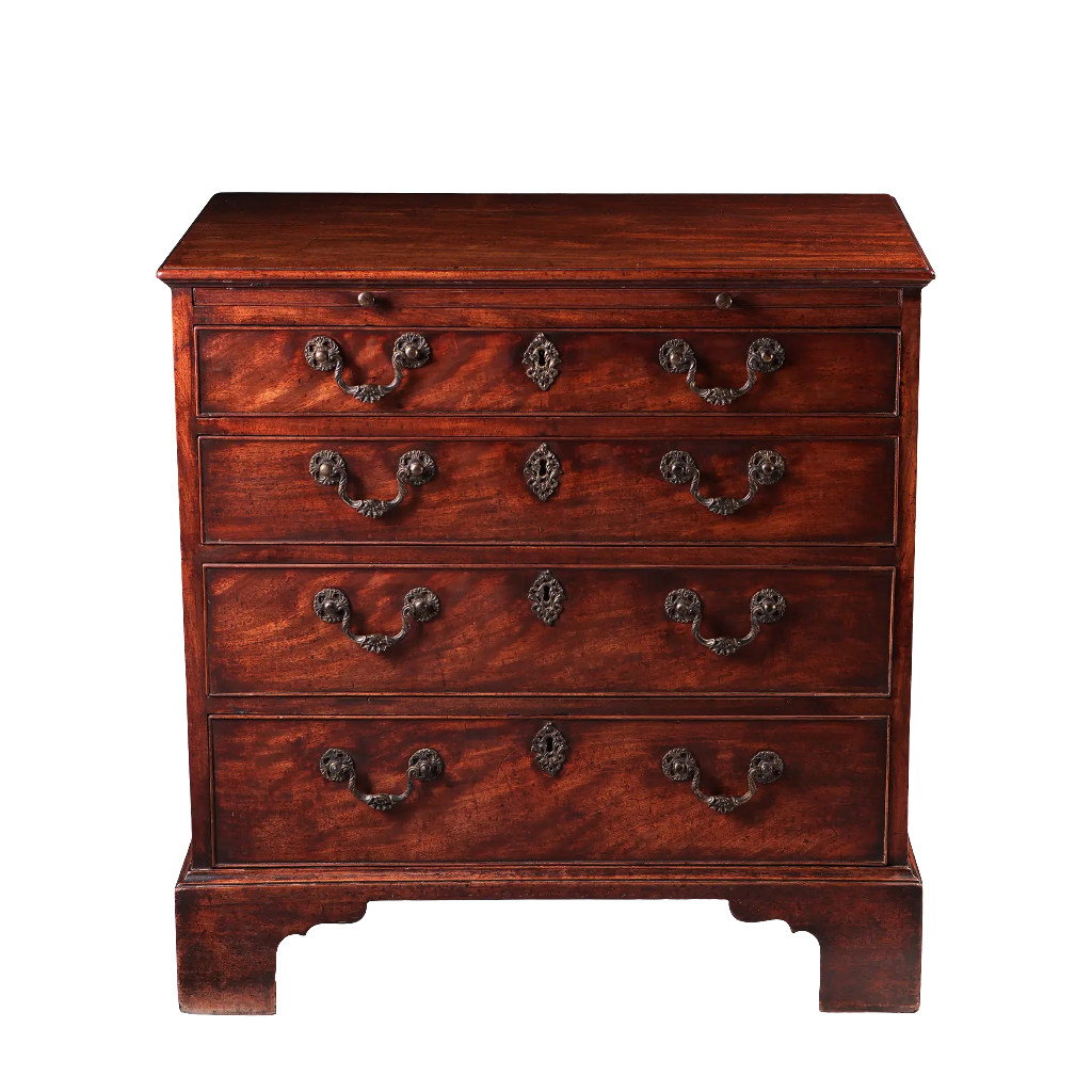 GEORGE II MAHOGANY CHEST OF DRAWERS, mid 18th century with patina, four drawers, oxidised handles, bracket feet, England circa 1740-1750.