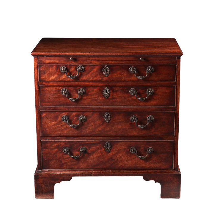 GEORGE II MAHOGANY CHEST OF DRAWERS, mid 18th century with patina, four drawers, oxidised handles, bracket feet, England circa 1740-1750.
