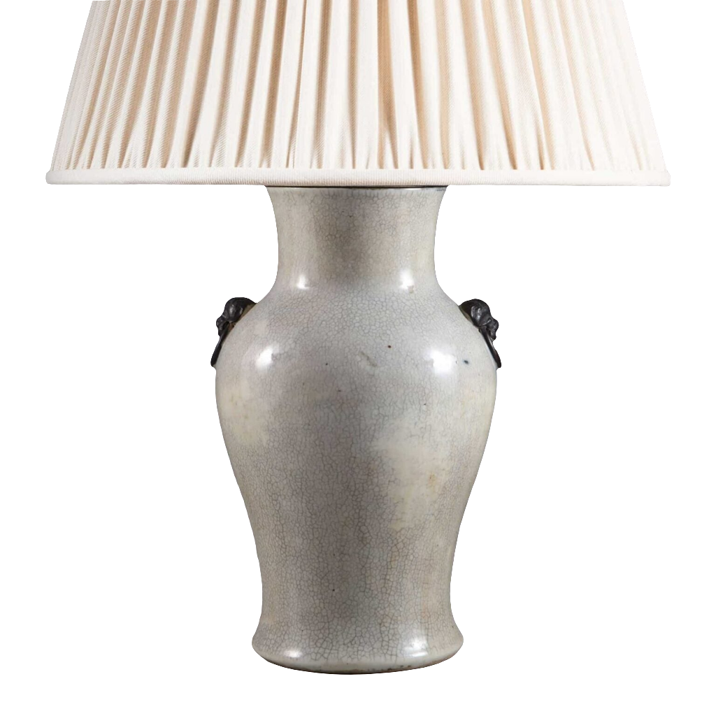 Chinese Crackle Glazed Vase Mounted as a Table Lamp with white pleated shade, China, circa 1900, height 30.5 cm.