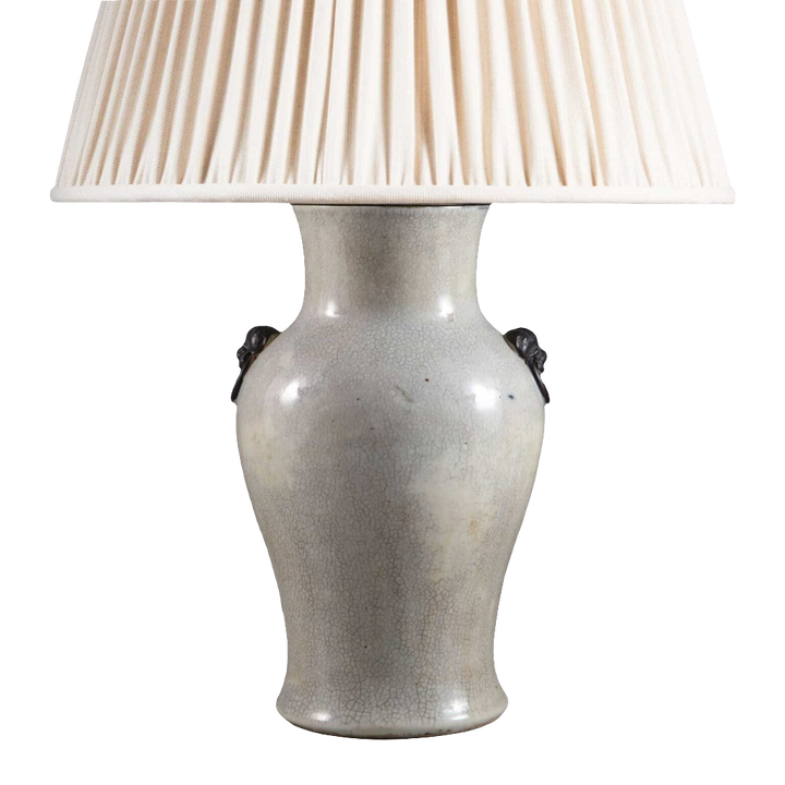 Chinese Crackle Glazed Vase Mounted as a Table Lamp with white pleated shade, China, circa 1900, height 30.5 cm.