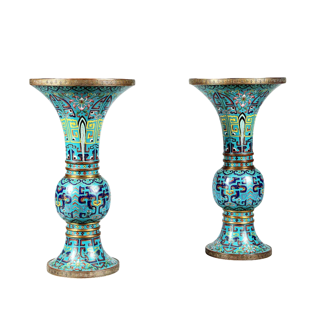 Pair of 19th century Chinese Qing Dynasty Blue Cloisonne Gu Vases