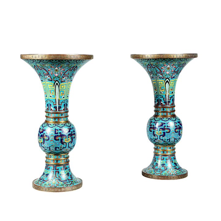 Pair of 19th century Chinese Qing Dynasty Blue Cloisonne Gu Vases