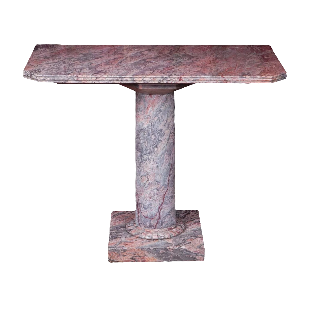 Substantial marble Console Table with fluted border, canted corners, solid column and base in figured red marble.