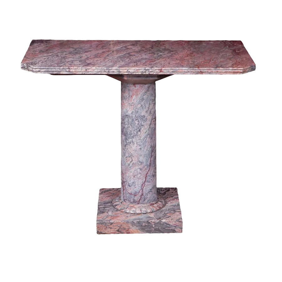 Substantial marble Console Table with fluted border, canted corners, solid column and base in figured red marble.