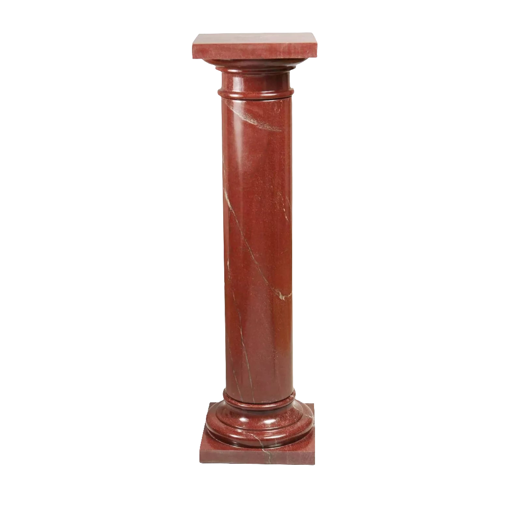 Rosso Marble Pedestal is a polished red marble column with turned base and rotating capital, Italy circa 1900.