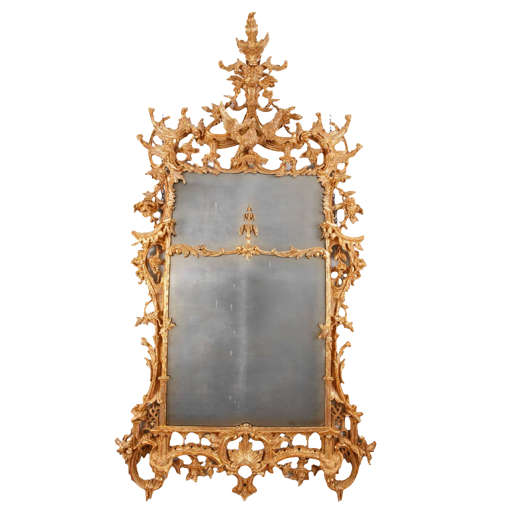 George III Giltwood Pier Mirror 175x94cm with elaborate Rococo carving and central Ho Ho Bird crest.