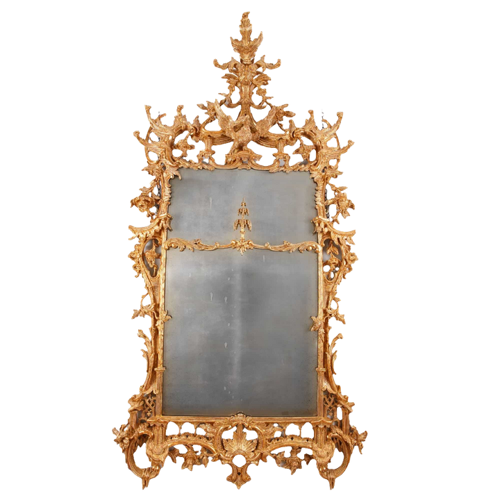 George III Giltwood Pier Mirror 175x94cm with elaborate Rococo carving and central Ho Ho Bird crest.
