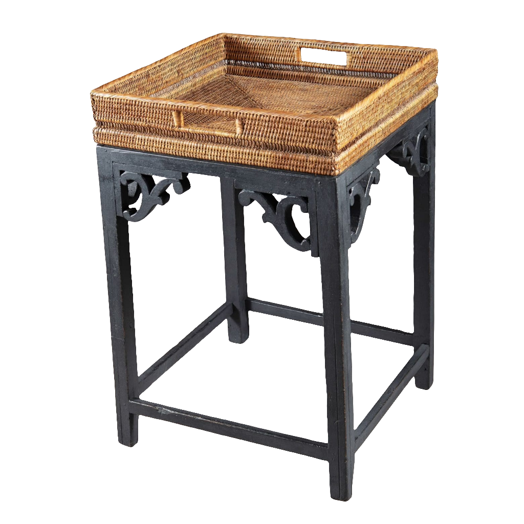 Rattan Tray Table with decorative woven rattan tray and black ebonised base, French design circa 2020, 60 cm height.