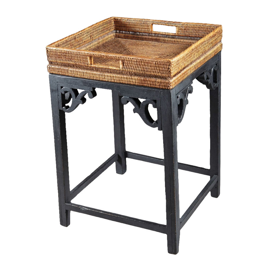 Rattan Tray Table with decorative woven rattan tray and black ebonised base, French design circa 2020, 60 cm height.