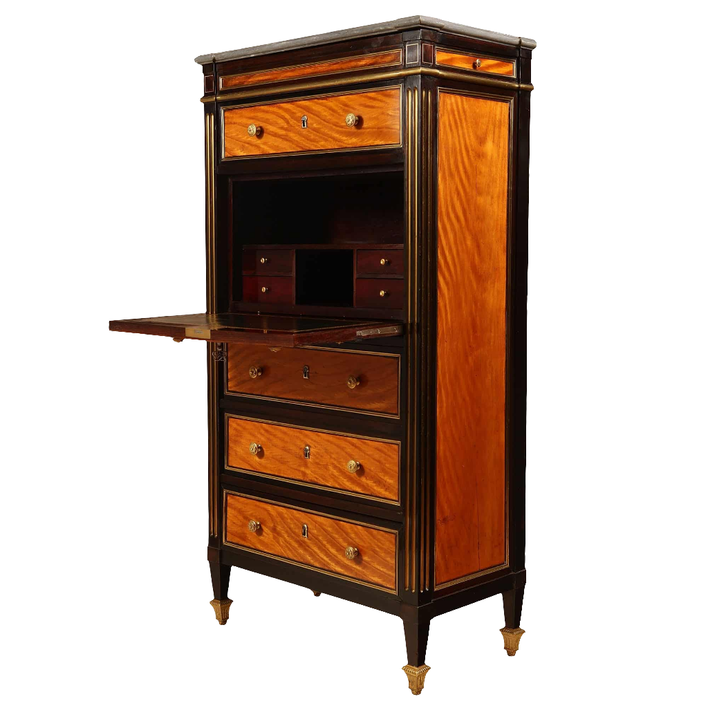 French Directoire Satinwood Secretaire Abattant with brass fluted details and rosewood accents circa 1800 in open position.