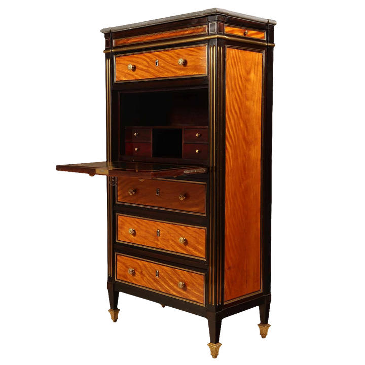 French Directoire Satinwood Secretaire Abattant with brass fluted details and rosewood accents circa 1800 in open position.