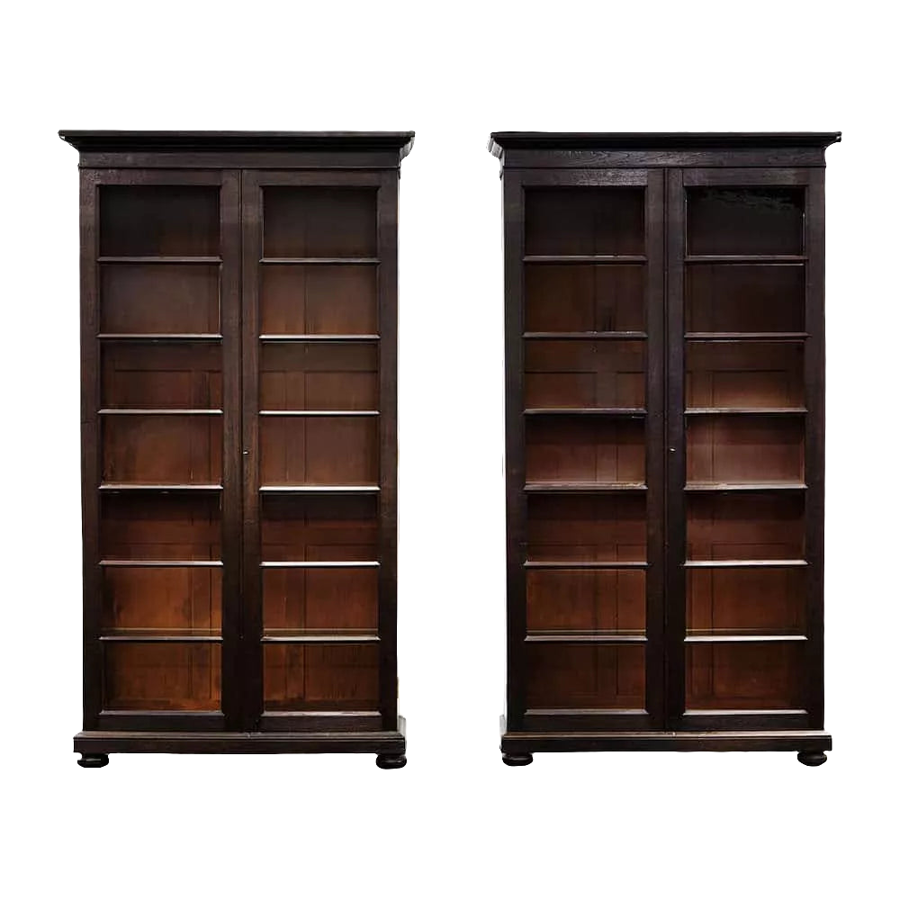 Antique Pair Of Glazed Bookcases Display Cabinets mid 19th Century Anglo-Indian ebonised teak wood