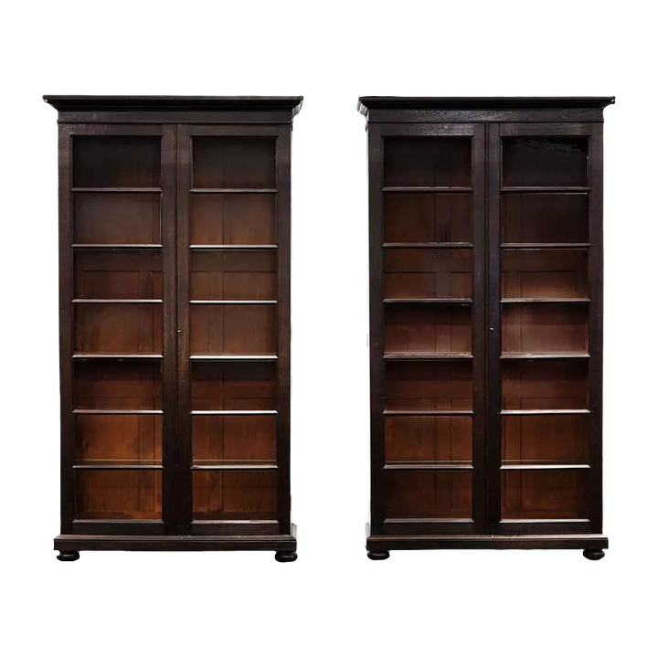 Antique Pair Of Glazed Bookcases Display Cabinets mid 19th Century Anglo-Indian ebonised teak wood