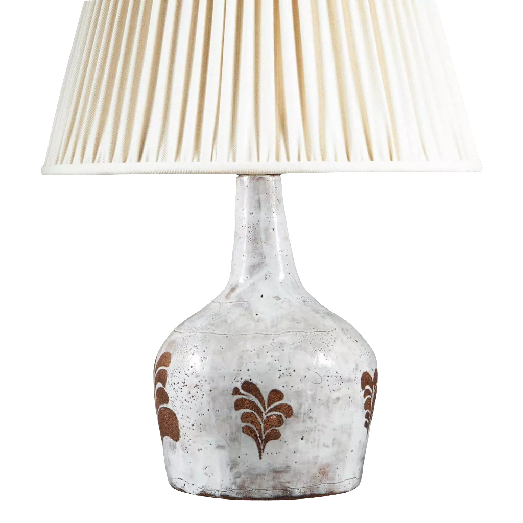 French Mid-Century Glazed Ceramic Table Lamp with white glaze and biscuit leaf motifs, 32 cm high, shade not included.