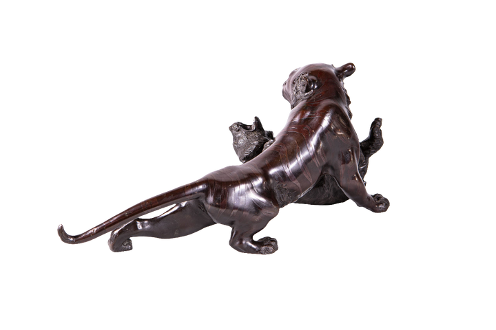 Japanese Meiji Bronze Tiger and Bear Fight