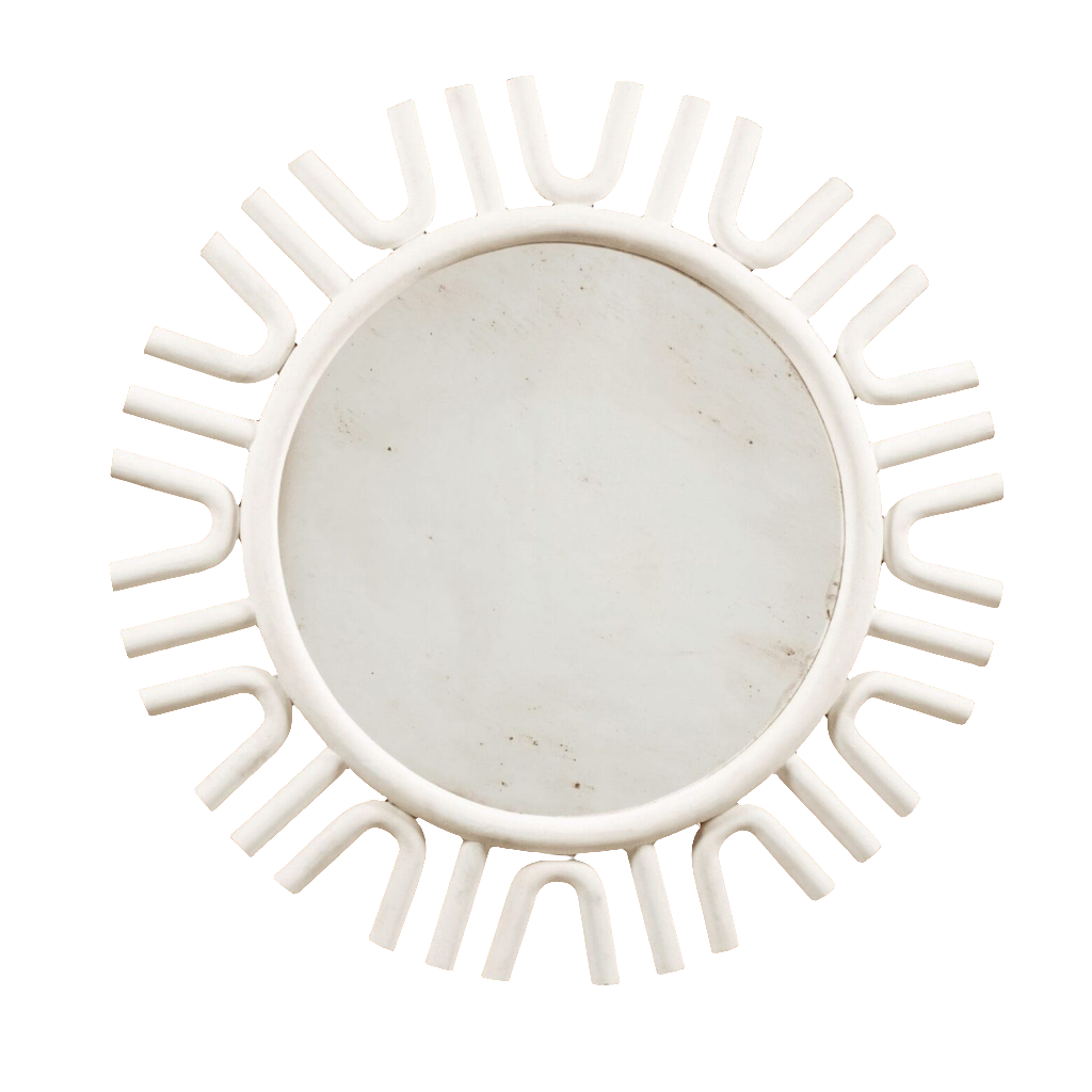 A large white-painted mirror designed by Andrew Allfree with a unique sunburst frame, diameter 160 cm.