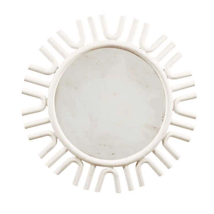 A large white-painted mirror designed by Andrew Allfree with a unique sunburst frame, diameter 160 cm.