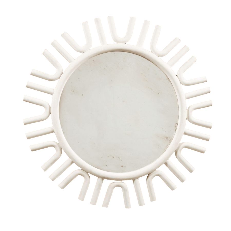A large white-painted mirror designed by Andrew Allfree with a unique sunburst frame, diameter 160 cm.