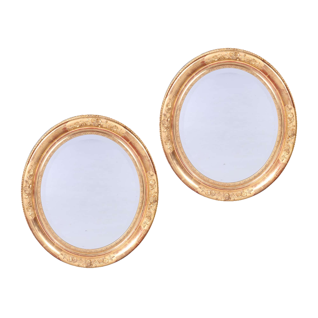 Pair of Victorian Giltwood Oval Wall Mirrors with beveled mercury plates, 19th-century English antique design.