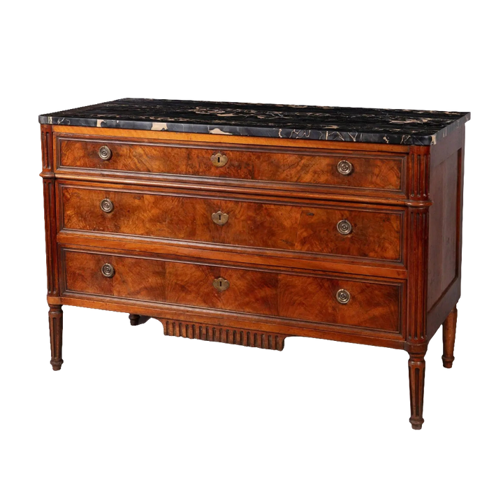 A French provincial Louis XVI commode with burr walnut veneer, Nero Portoro marble top, and three drawers stamped COURTE.