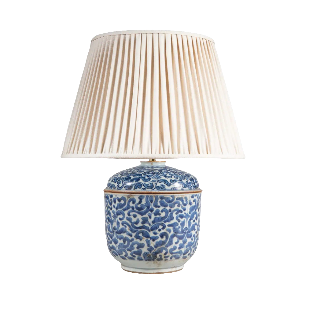 Kangxi Blue and White Porcelain Cachepot Table lamp with hand-painted cobalt floral design and pleated cream lampshade.