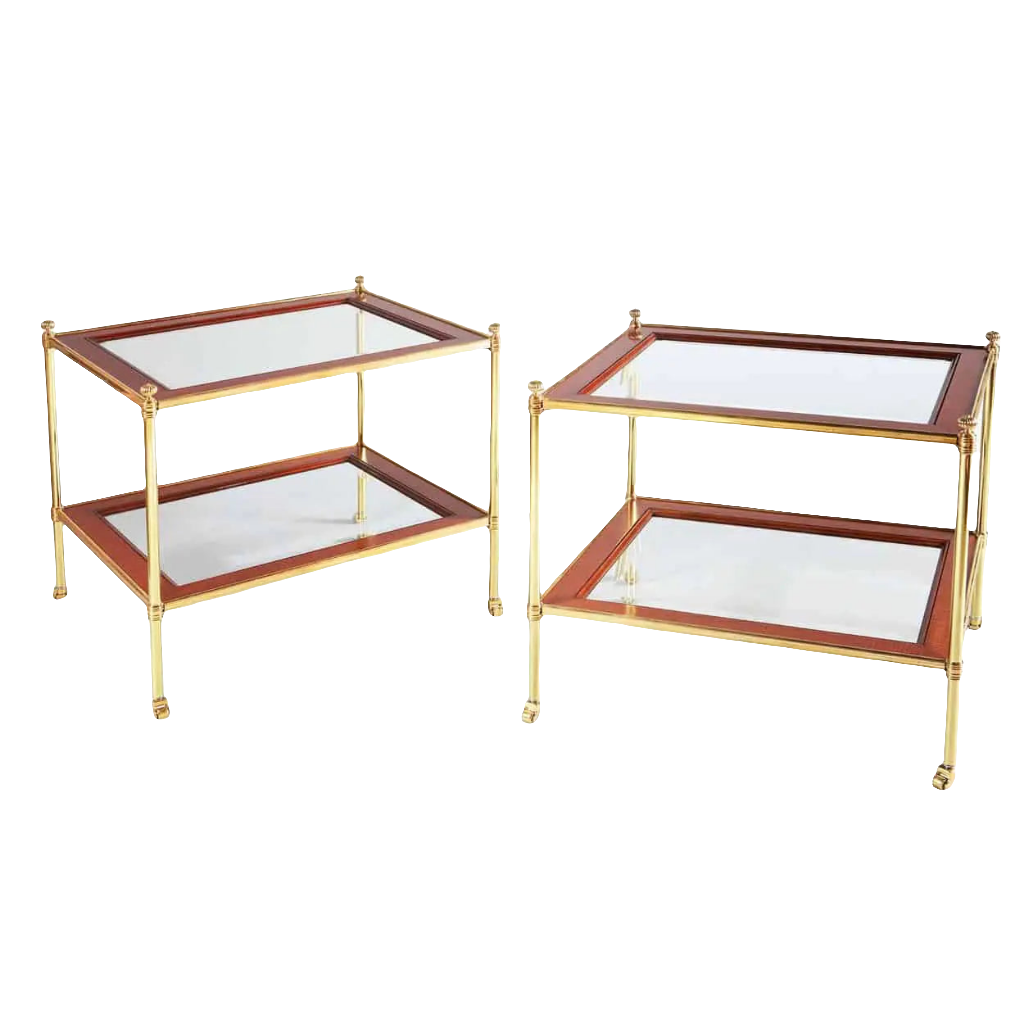 Pair of Mallett End Tables with hand-bevelled glass tops, mahogany borders, and polished brass legs and sides.