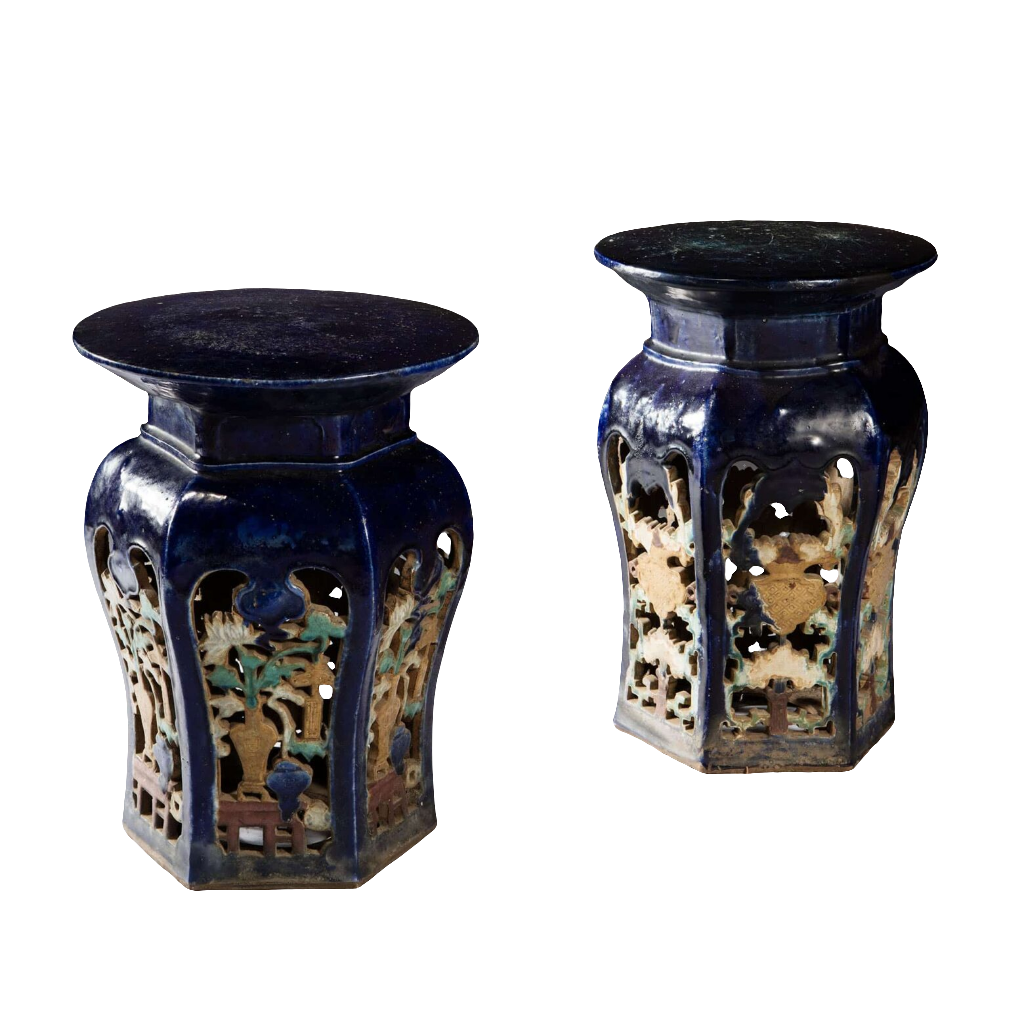 Pair Blue Glazed Chinese Pottery Garden Seats