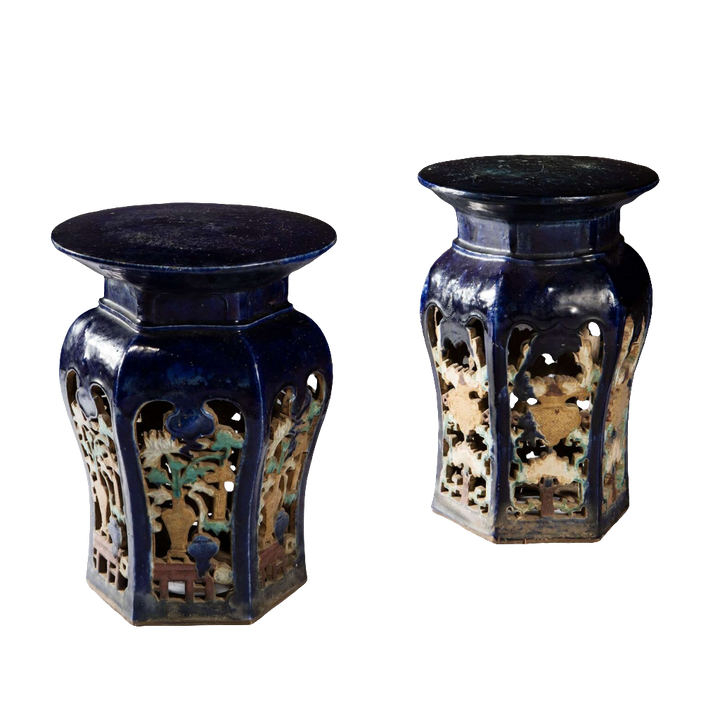 Pair Blue Glazed Chinese Pottery Garden Seats