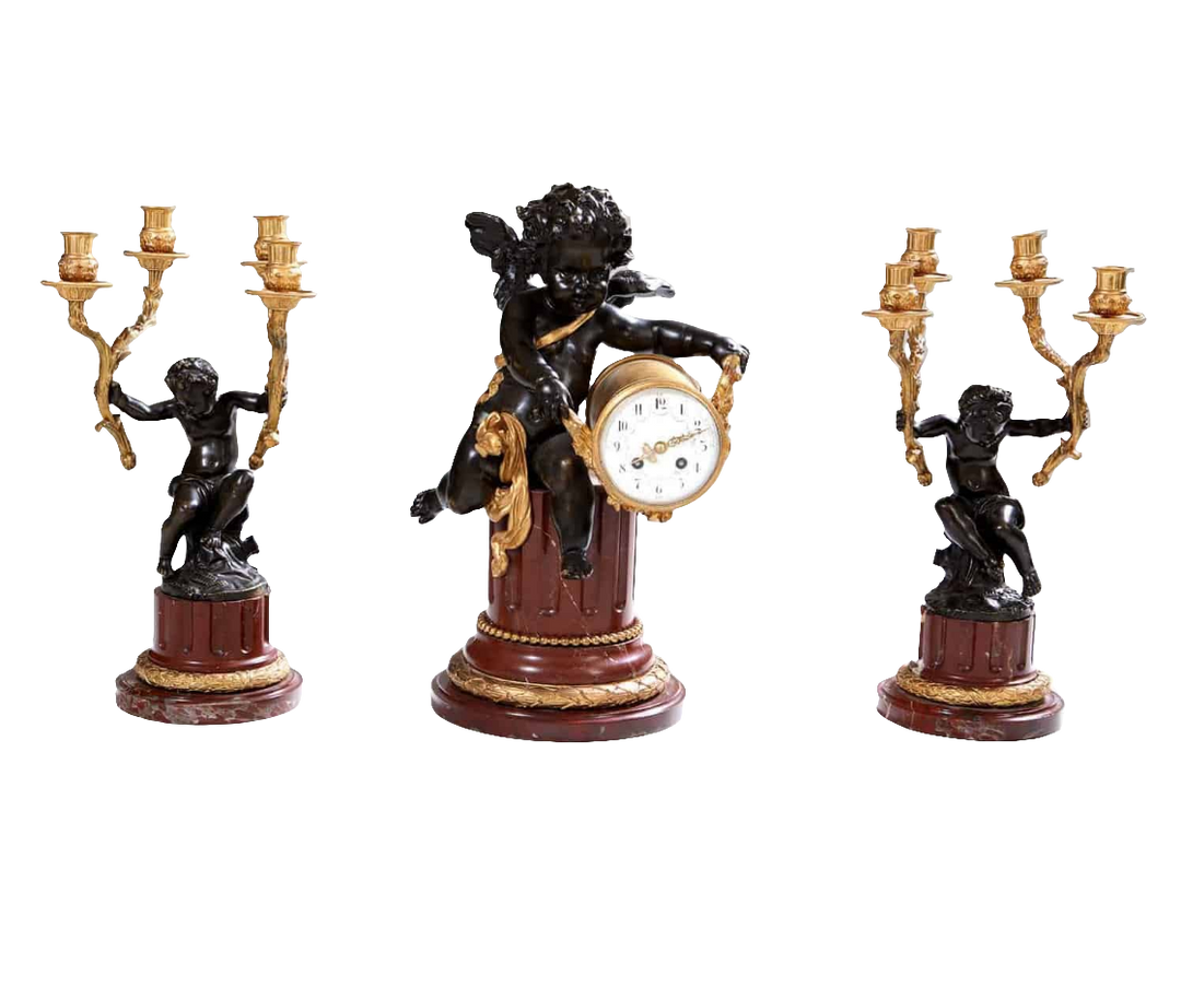 Gilt Bronze, Bronze and Marble Clock Set Garniture