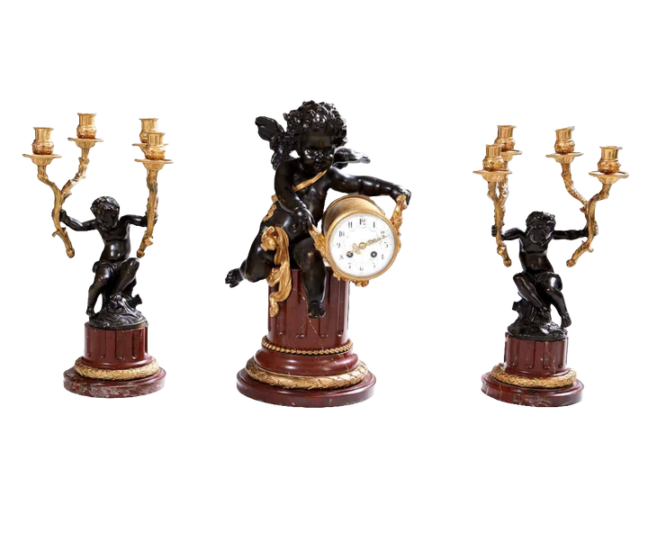 Gilt Bronze, Bronze and Marble Clock Set Garniture