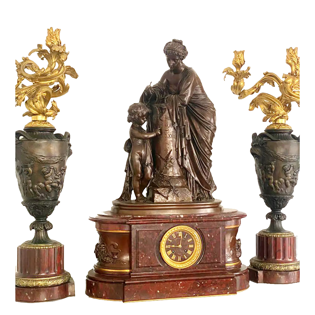 Napoleon III Rouge Marble and Bronze Clock Set