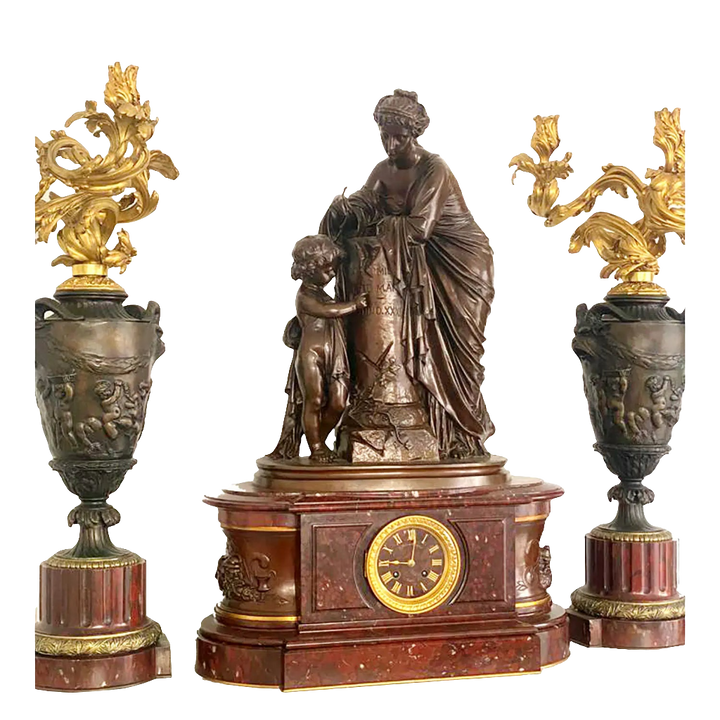 Napoleon III Rouge Marble and Bronze Clock Set