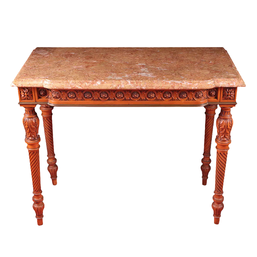 Georges Jacob Satinwood Side Table with breccia marble top, carved neoclassical design, fluted legs with acanthus leaves.