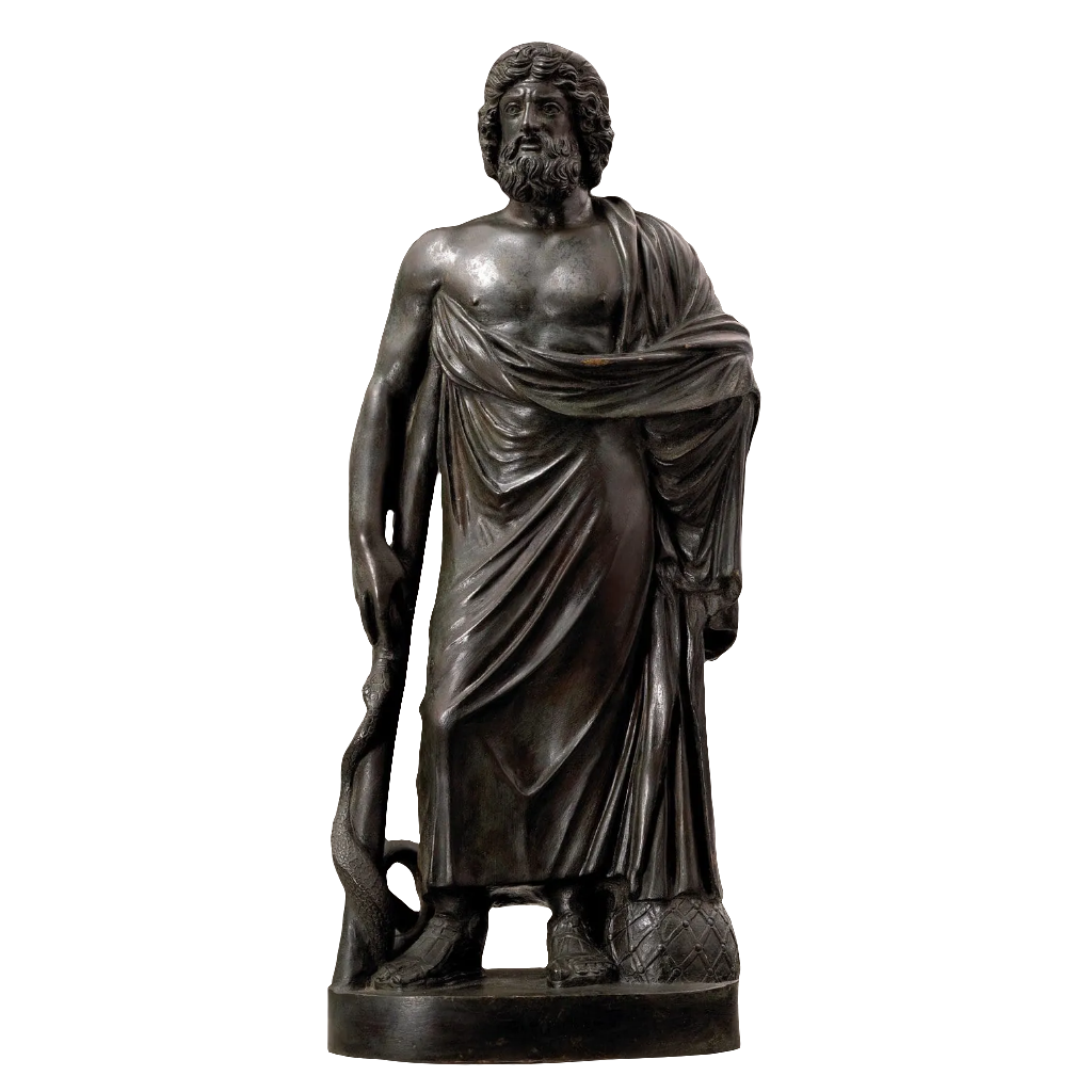 Bronze Figure of Asclepius showing Greek god with staff and serpent, antique bronze sculpture circa 1850, Italy.
