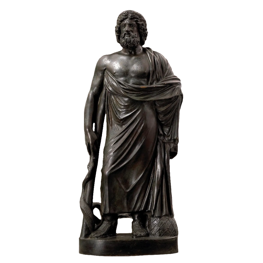 Bronze Figure of Asclepius showing Greek god with staff and serpent, antique bronze sculpture circa 1850, Italy.