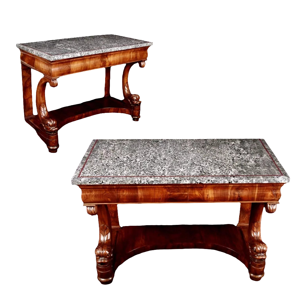 Italian Napoleonite & Figured Walnut Stylised Dolphin Console Tables with rare Corsican Napoleonite stone tops.