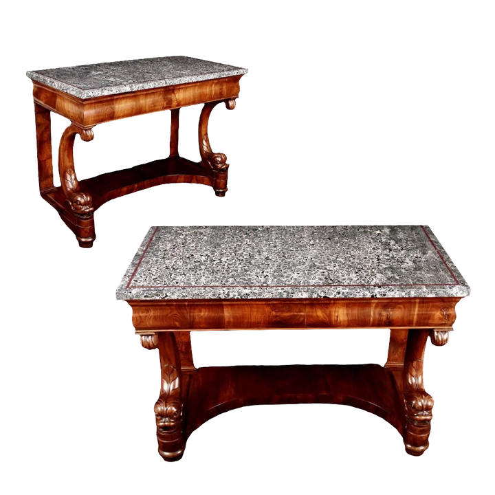 Italian Napoleonite & Figured Walnut Stylised Dolphin Console Tables with rare Corsican Napoleonite stone tops.