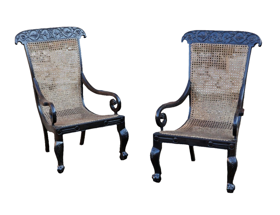 Pair of 19th Century Anglo Indian Solid Ebony Caned Armchairs
