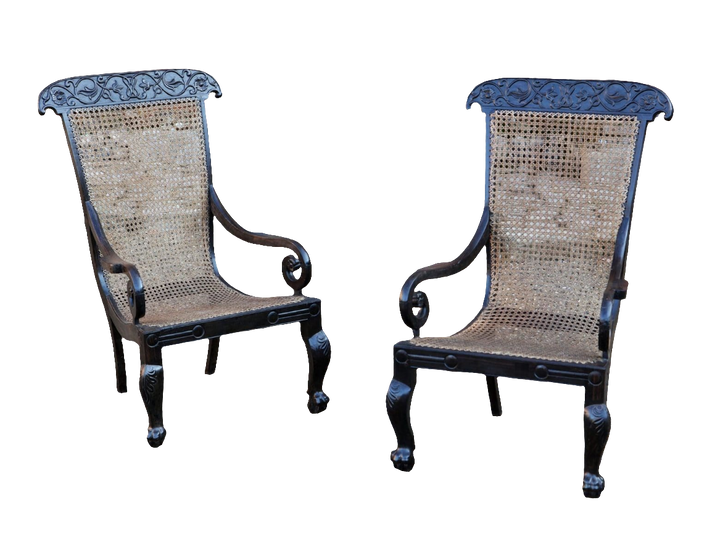 Pair of 19th Century Anglo Indian Solid Ebony Caned Armchairs