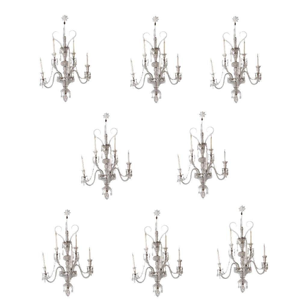 Set of 8 Palatial 19th Century Cut Glass Five Light Wall Lights Attributed to Osler