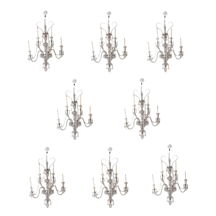 Set of 8 Palatial 19th Century Cut Glass Five Light Wall Lights Attributed to Osler