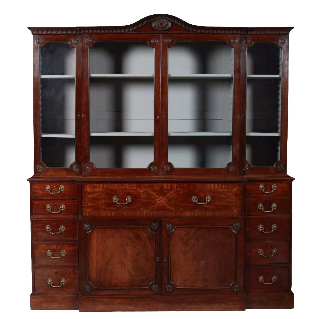 Ince and Mayhew George III Secretaire Breakfront Bookcase mahogany antique with glazed doors and multiple drawers