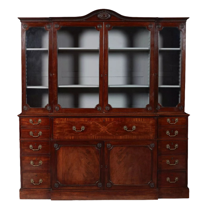 Ince and Mayhew George III Secretaire Breakfront Bookcase mahogany antique with glazed doors and multiple drawers