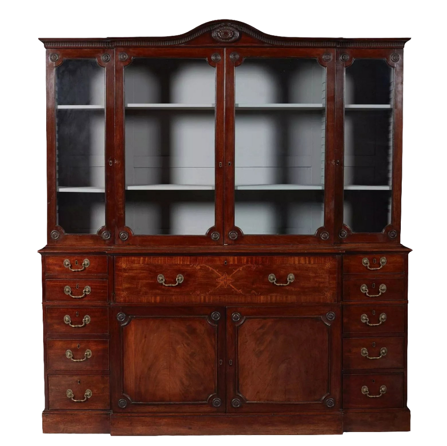 Ince and Mayhew George III Secretaire Breakfront Bookcase mahogany antique with glazed doors and multiple drawers