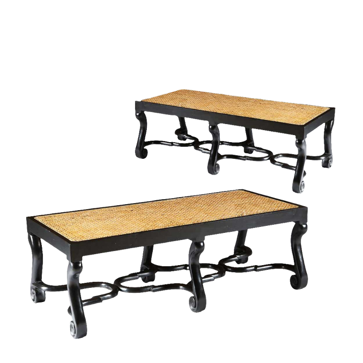Pair of Ebonised Benches with Jacobean Stretchers
