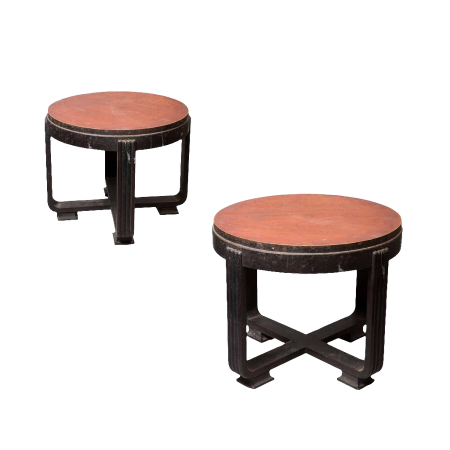 Pair of Indian Art Deco Ebonised end tables with round tops and original 1930s Bombay design.